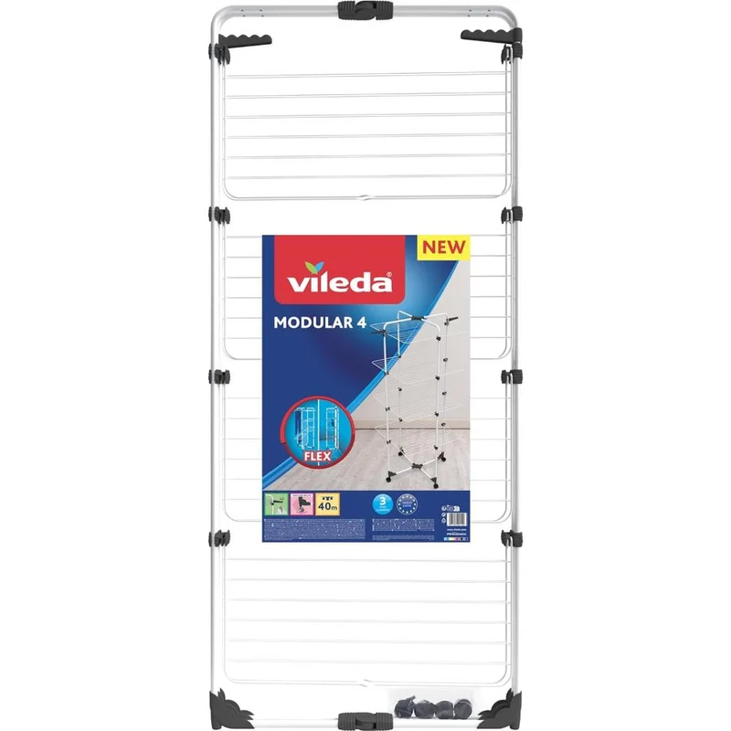 Vileda Modular 4 Stendibiancheria a Torre 40m | 4 Ripiani Modulabili | Struttura in Acciaio con Ruote | Ideale per Box Doccia e Piccoli Appartamenti | Include Portagrucce