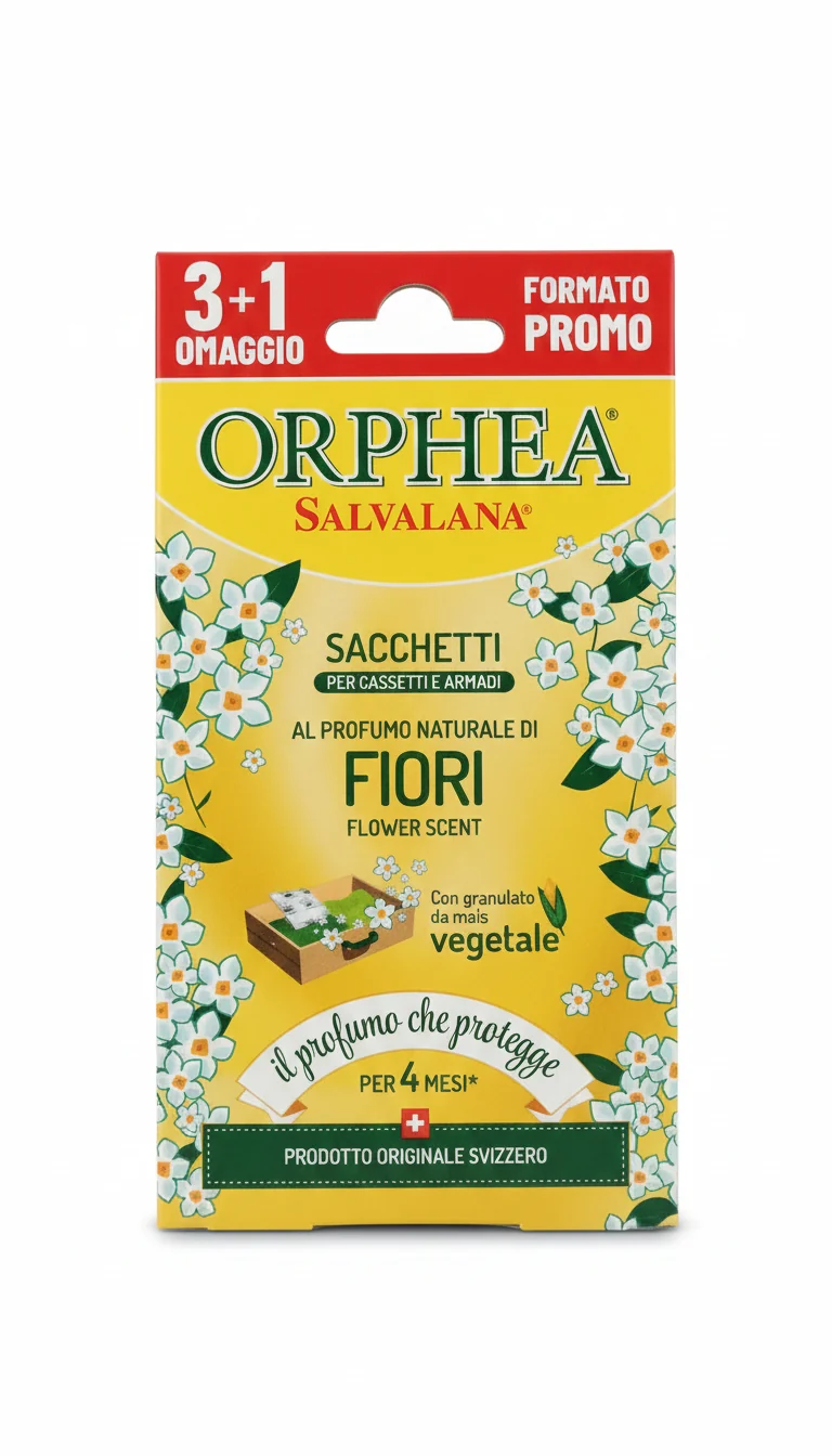 Orphea Salvalana Sacchetti Profumati ai Fiori | 3 Unità in Granuli di Mais | Protezione per Lana e Seta | Fragranza Naturale 3 Mesi