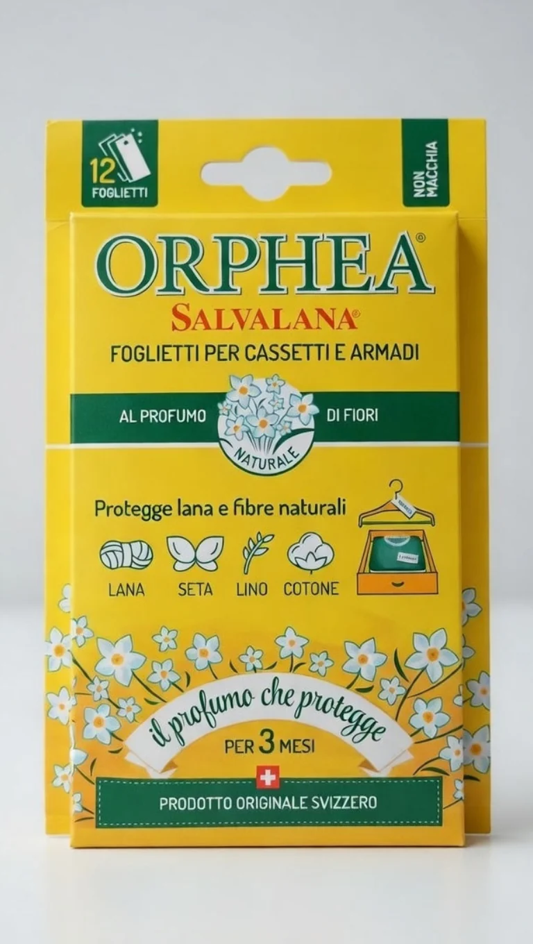 Orphea Salvalana Foglietti Profumati per Armadi e Cassetti – Fragranza Fiori – 12 Pezzi in Pura Cellulosa – Protezione 3 Mesi