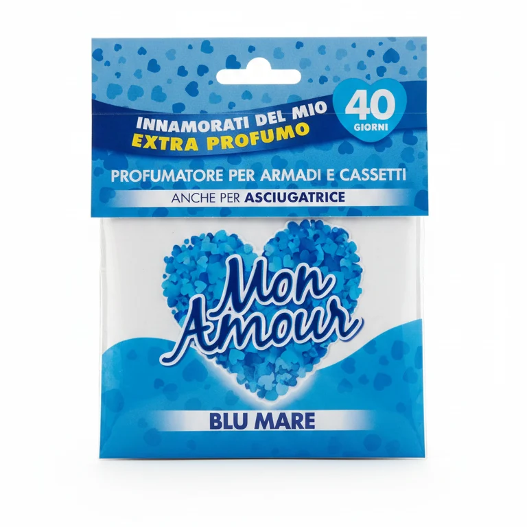 Mon Amour Profumatore Armadi e Cassetti Blu Mare | Innovativo Uso in Asciugatrice | 1 Pezzo | Base Naturale in Riso Soffiato | Freschezza 40 Giorni | Anti-Macchia