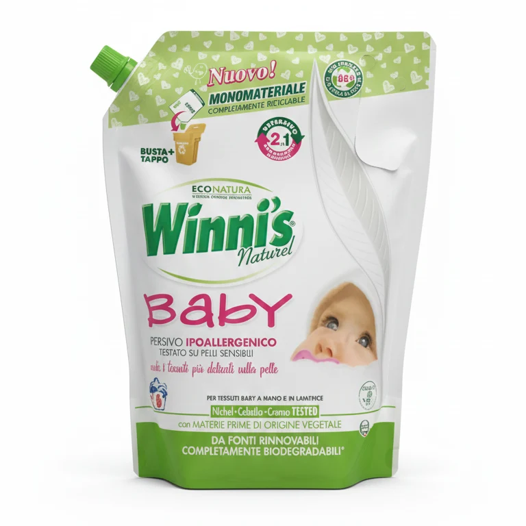 Winni’s Baby Detersivo Lavatrice e Ammorbidente 2in1 – Ecoformato 800 ml (16 Lavaggi) – Ipoallergenico con Proteine del Riso e Materie Prime Vegetali Biodegradabili