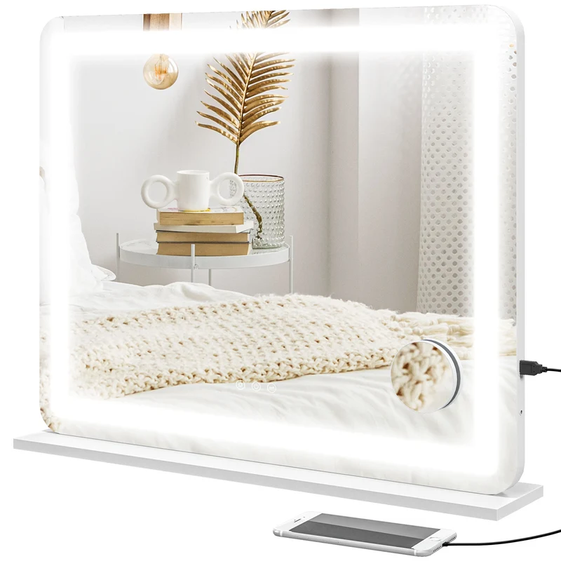 EasyComfort Specchio per Trucco con LED Regolabili, Ingranditore 10x, Presa USB e Comandi Touch, 80x62x14cm
