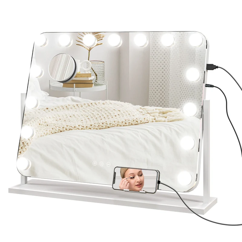 EasyComfort Specchio da Trucco con 14 Luci LED Regolabili e Ricarica USB, in Vetro e Metallo, 62.5x14x49.5 cm, Bianco