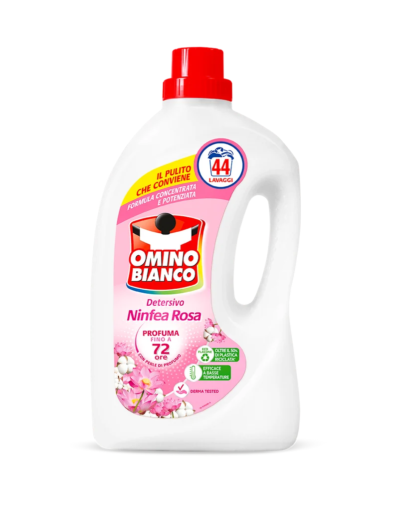 Omino Bianco - Detersivo Lavatrice Liquido, 60 Lavaggi, Rispetta Colori e Tessuti, Fresco Profumo di Ninfea Rosa, 2400 ml