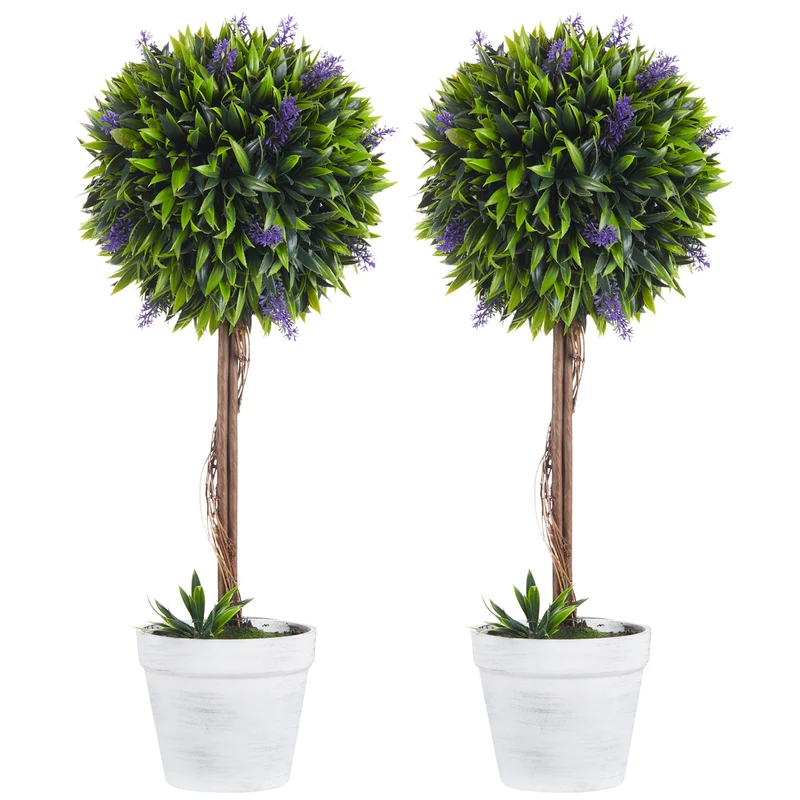 EasyComfort Set 2 Piante Artificiali Verdi a Sfera con Fiori di Lavanda e Vaso con Muschio e Cemento, Ø24x60 cm