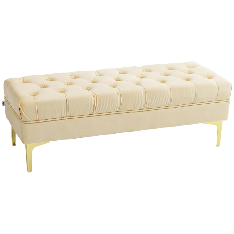 EasyComfort Panca Fondo Letto Imbottita con Rivestimento Trapuntato in Tessuto Effetto Velluto, 118x45x42 cm, Beige