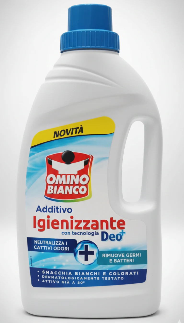 Omino Bianco Additivo Igienizzante Liquido Deo+ 900ml | Tecnologia Neutralizza Odori | Rimuove Germi e Batteri | Efficace a 30°C | Per Capi Sportivi e Bambini