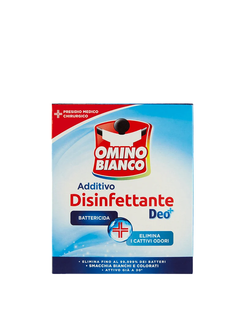 Omino Bianco Additivo Disinfettante Deo+ Polvere 450g | Elimina 99,99% di Batteri e Funghi | Presidio Medico Chirurgico | Smacchiante Attivo a 30°C