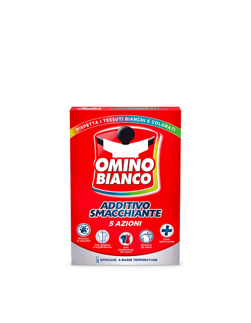 Omino Bianco Additivo Smacchiante Totale 5 in 1 | Polvere 500g | Smacchia, Sgrassa, Anti-Grigio, Igienizza e Deodora | Efficace a 20°C | Bianchi e Colorati