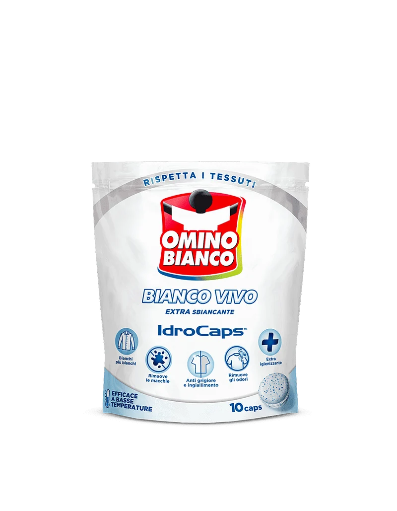 Omino Bianco Bianco Vivo Extra | 10 Idrocaps Idrosolubili | Additivo Sbiancante 5 Azioni: Sbianca, Smacchia, Anti-Grigio, Igienizza e Deodora | Efficace a 20°C