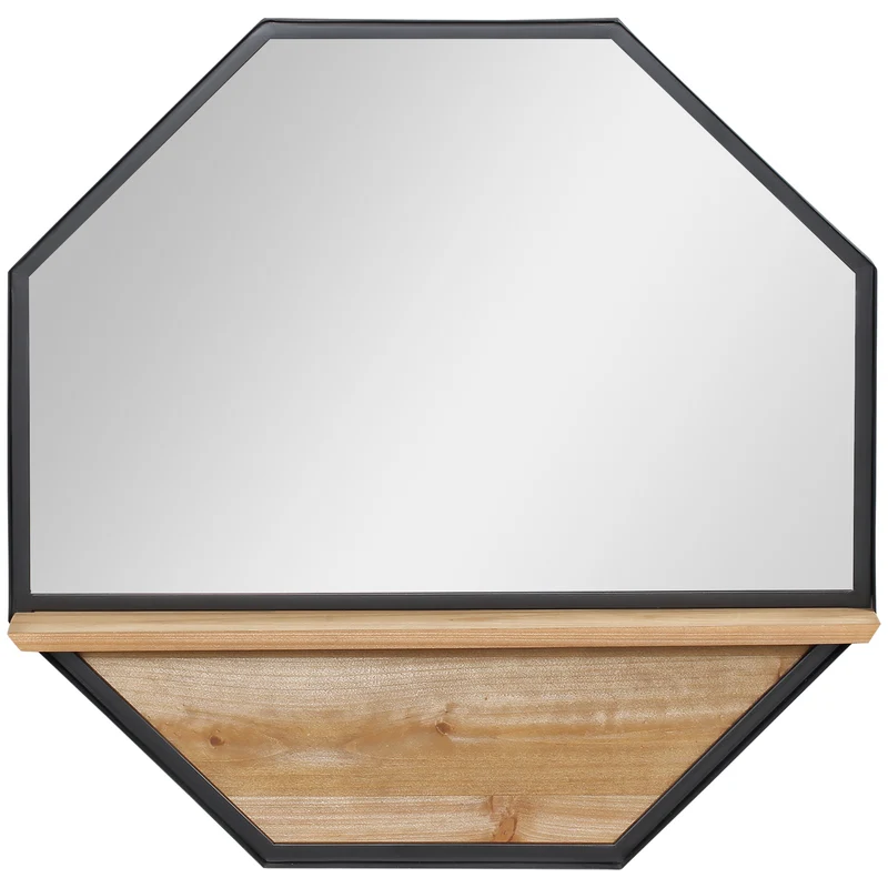 Easycomfort Specchio da Parete Ottagonale in Metallo con Mensola in Legno, 61x61cm Nero
