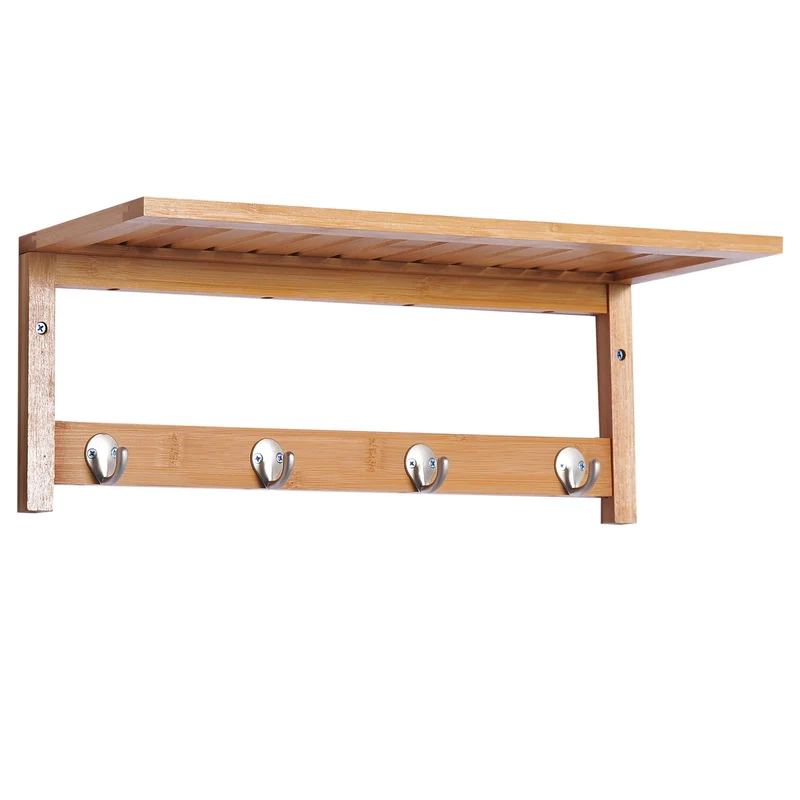 Easycomfort Appendiabiti con Mensola Attaccapanni a Parete con Ripiano Bambù 50 × 16 × 17.5cm