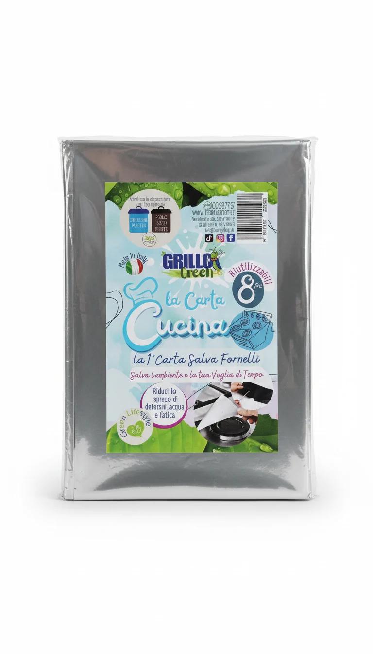 Grillo Green La Prima Carta Salva Fornelli | Set 8 Fogli con Lamina Alluminio | Universale, Riutilizzabile e Antigrasso