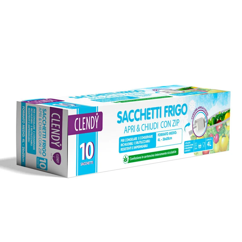 Clendy 10 Sacchetti Frigo con Chiusura Zip Ermetica | Formato Medio 4 Litri (26x28cm) | Sistema Apri & Chiudi con Cursore | Meal Prep & Freezer