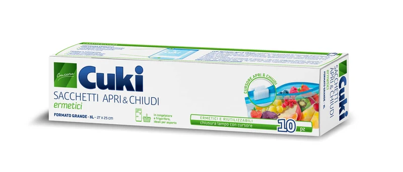 Cuki 10 Sacchetti Ermetici con Cursore – Formato Grande 27x25 cm – 3 Litri – Fondo a Soffietto Autoportante – Riutilizzabili