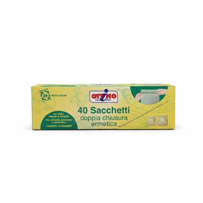 Ottimo | Set 40 Sacchetti Ermetici Riutilizzabili | Doppia Chiusura ZIP a Pressione | Formati Assortiti (18x21cm e 24x23,5cm) | Per Frigo, Freezer, Viaggi e Cosmetici | Ultra Resistenti e Lavabili