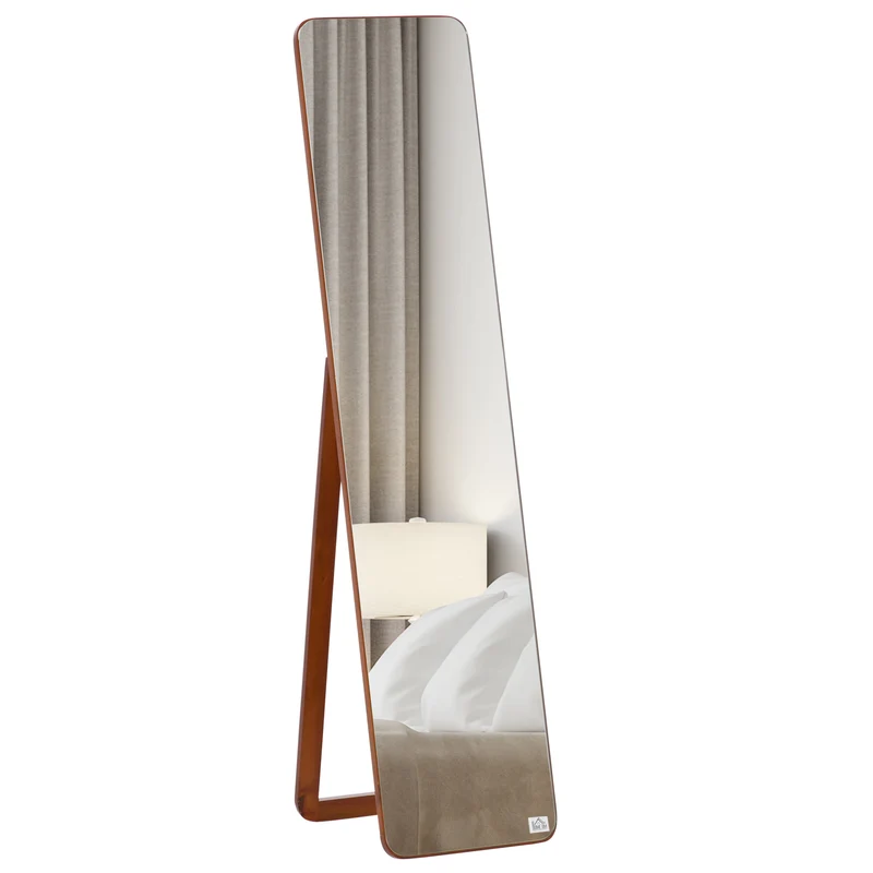 Easycomfort Specchio da Terra e da Parete con Struttura in Legno, Supporto Pieghevole con Cerniera, 37x43x156cm, Noce Chiaro