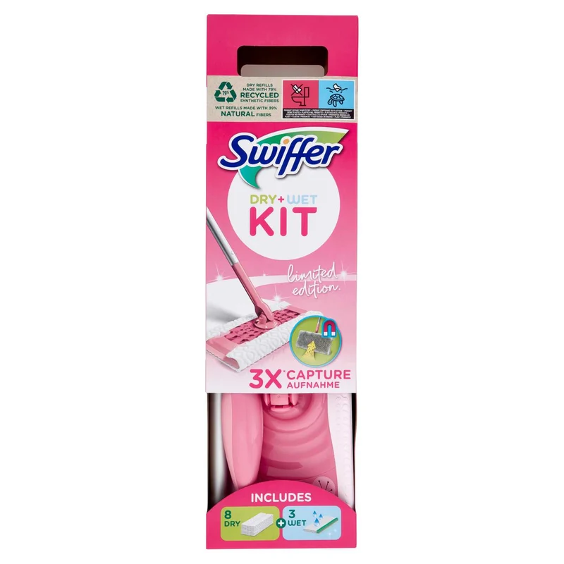 Swiffer Dry Wet Kit Scopa Rosa – 8 Panni Cattura Polvere + 3 Panni Lavapavimenti, Pulizia Efficace e Rapida