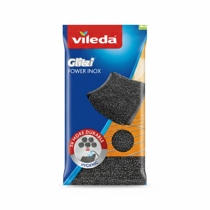 Vileda Glitzi Power Inox 2 Pezzi – Paglietta in Acciaio Inossidabile ad Alta Durata – Ultra Resistente per Sporco Bruciato – Antiruggine