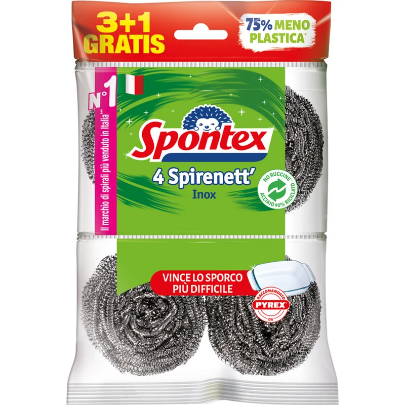 Spontex Spirenett Inox 4 Pezzi (3+1) – Paglietta in Acciaio Inossidabile 90% Riciclato – Approvata da Pyrex – Antiruggine e Sostenibile