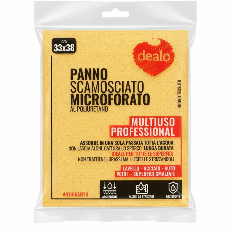 Dealo Panno Scamosciato Microforato 33x38 cm – Tecnologia Professional al Poliuretano – Espelli-Grassi e Antigraffio per Vetri, Auto e Acciaio