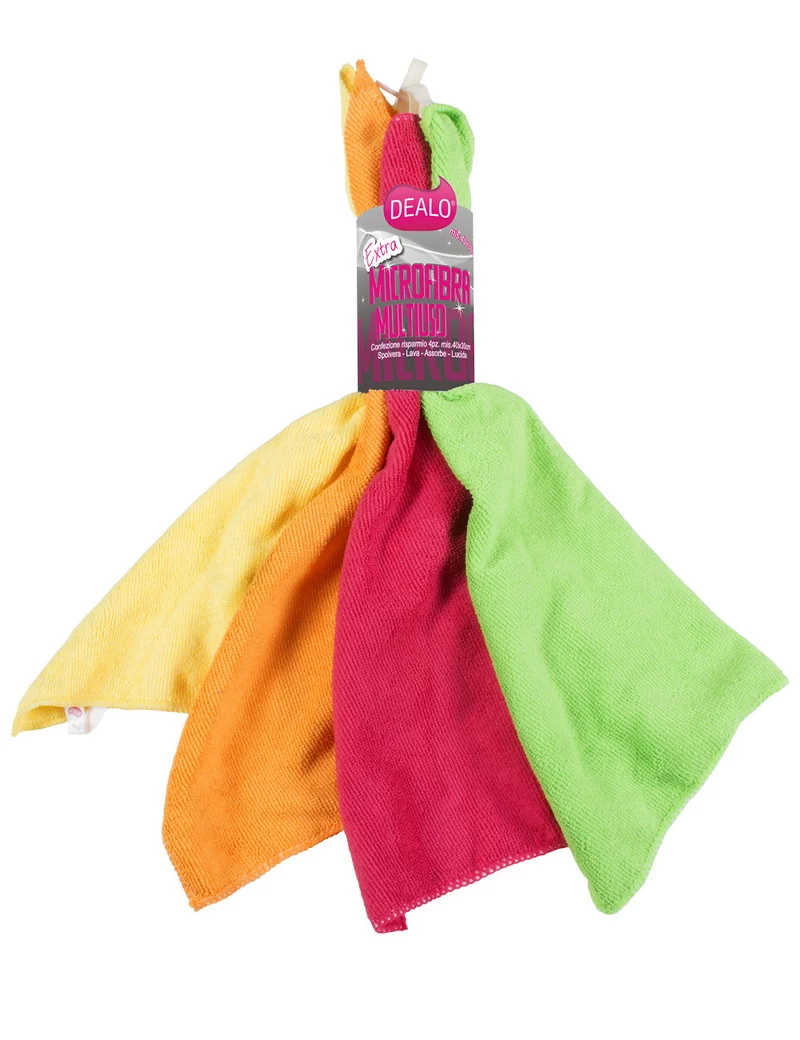 Dealo Kit 4 Panni in Extra Microfibra 40x30 cm – Sistema 4-in-1: Lava, Spolvera, Assorbe e Lucida – Colori Anti-Contaminazione