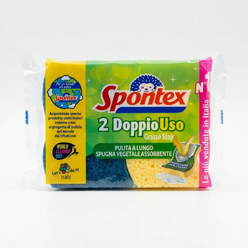 Spontex DoppioUso 2 Pezzi – Spugna in Cellulosa Super Assorbente – Tecnologia Grasso-Stop – Design Ergonomico Salvadita