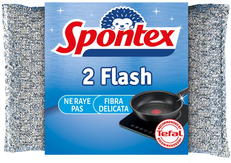 Spontex Flash 2 Pezzi – Spugna Antigraffio Raccomandata da Tefal – Tecnologia Fibre Rivestite Alluminio – Per Antiaderente e Vetroceramica