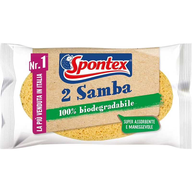 Spontex Samba Spugne in Cellulosa 2 Pezzi | 100% Biodegradabili e Vegetali | Super Assorbenti e Flessibili | Qualità Professionale Spontex