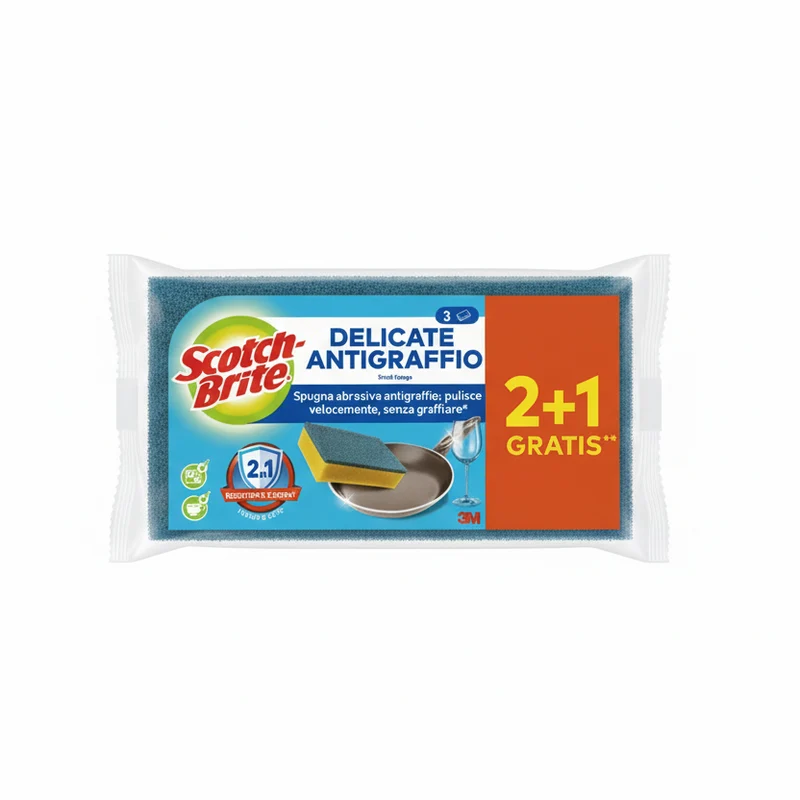 Scotch-Brite Spugna Antigraffio Salvadita 2+1 Pezzi – Fibra Blu Delicata per Superfici Antiaderenti – Design Ergonomico Protezione Unghie