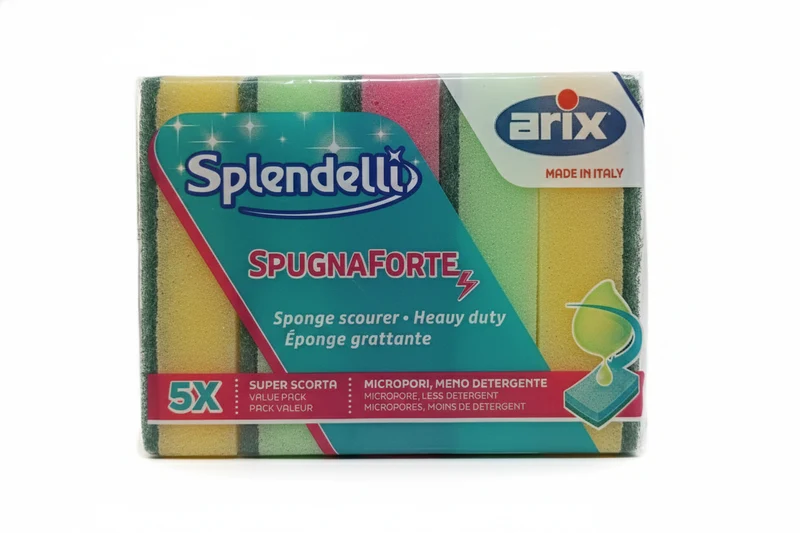 Arix Splendelli SpugnaForte 5 Pezzi | Spugna Abrasiva per Piatti e Stoviglie | Formato Famiglia Maxirisparmio | Alta Assorbenza e Qualità Italiana