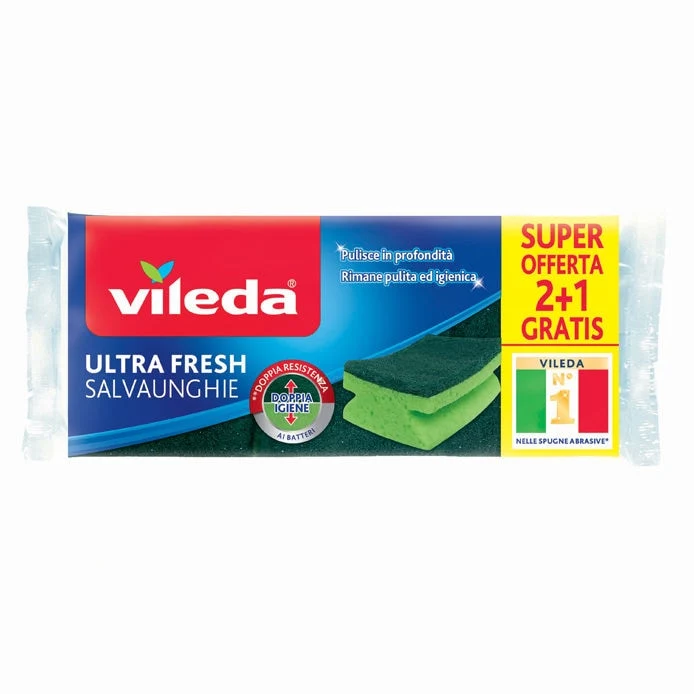 Vileda Ultrafresh Spugna Salvaunghie 2+1 Pezzi – Doppio Trattamento Antibatterico e Anti-Odore – Idrofila Alta Assorbenza