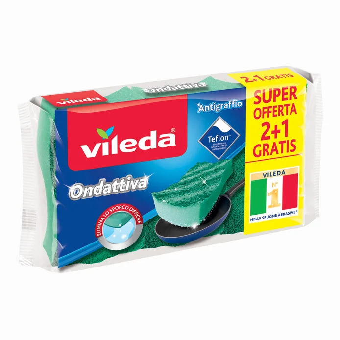 Vileda Ondattiva 2+1 Gratis – Spugna Abrasiva Antigraffio Certificata Teflon™ – Per Pentole Antiaderenti e Induzione – N.1 in Italia