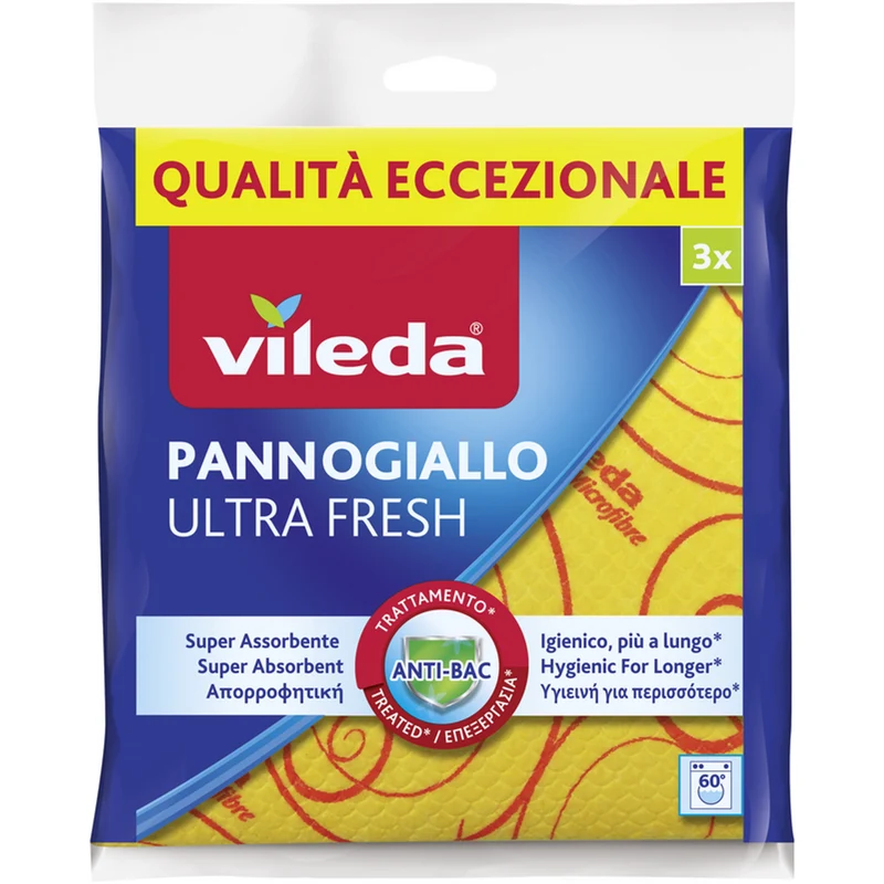 Vileda Pannogiallo Ultra Fresh 3 Pezzi – Panno Multiuso Antibatterico ANTI-BAC – Ideale per Marmo e Parquet – Lavabile a 95°C