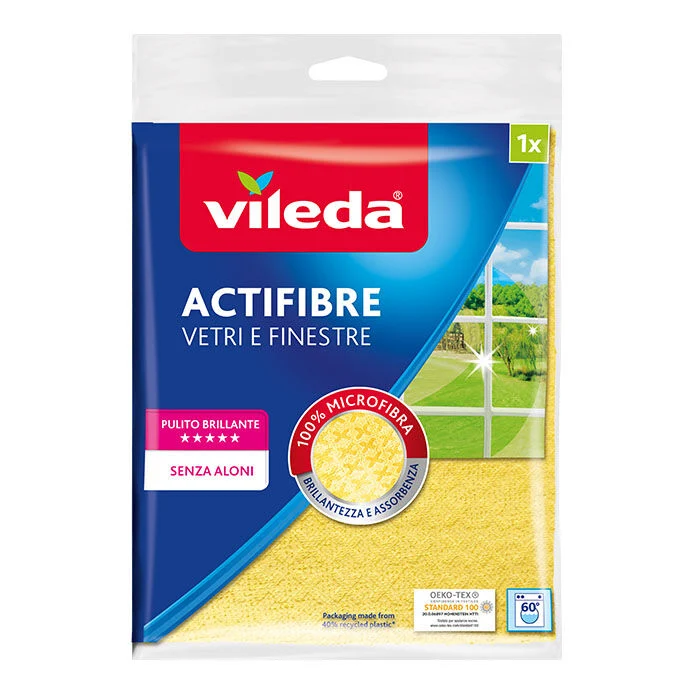 Vileda Actifibre Panno Vetri in Microfibra – Tecnologia Polimerica Ultra Assorbente – Risultato Professionale Zero Aloni su Cristalli e Specchi