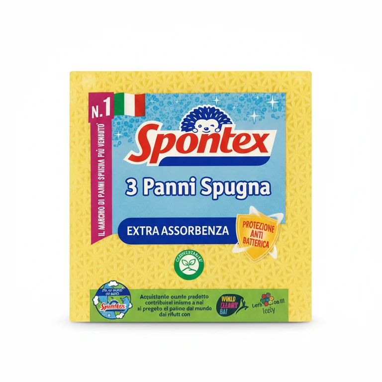 Spontex Panno Spugna Antibatterico 3 Pezzi – 100% Cellulosa Naturale Biodegradabile – Ultra Assorbente 150ml – Tecnologia Anti-Odore