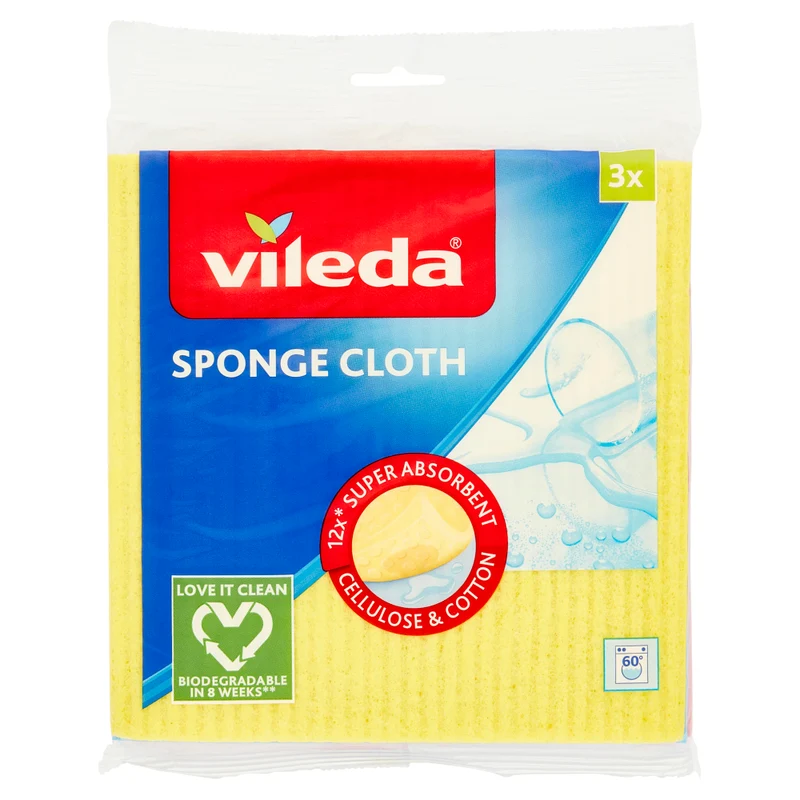 Vileda Panno Spugna Naturale 3 Pezzi – 100% Biodegradabile e Compostabile – Tecnologia Ondulata Super Assorbente – Certificato OEKO-TEX®