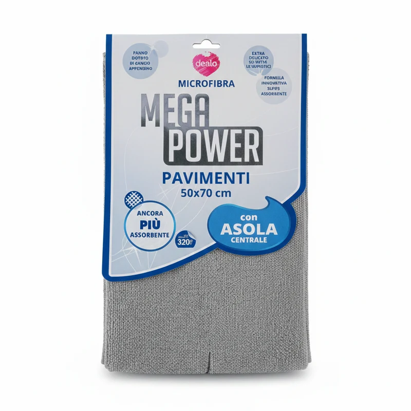 Dealo Mega Power Panno Pavimenti XL 50x70 cm – Microfibra Premium con Asola Centrale per Spazzolone – Super Assorbente e Anti-Aloni