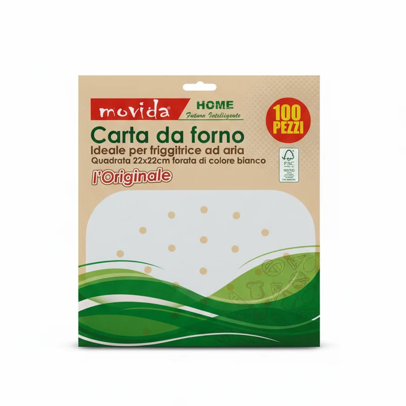 Movida Home Carta da Forno per Friggitrice ad Aria 100 Fogli – Quadrata 22x22 cm Forata – Biodegradabile FSC – Resistente 230°C