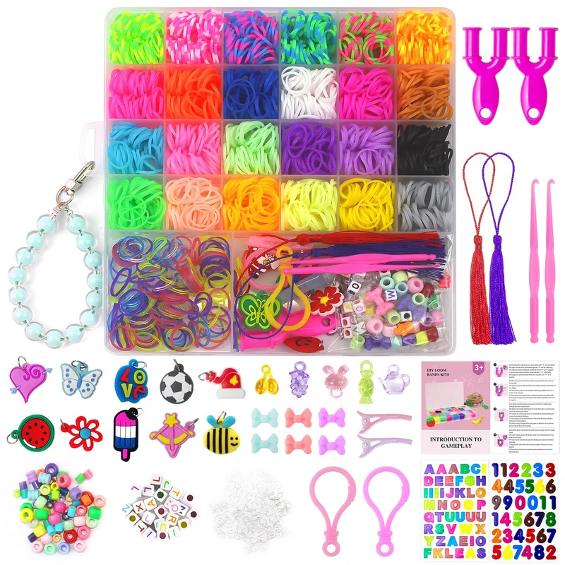 Uolifrem Elastici per Braccialetti Bambini, 29 Colori Elastici Braccialetti Kit, Fai Da Te Loom Bands Kit con Accessori，Starter kit di elastici, Regalo per Ragazze e Ragazzi