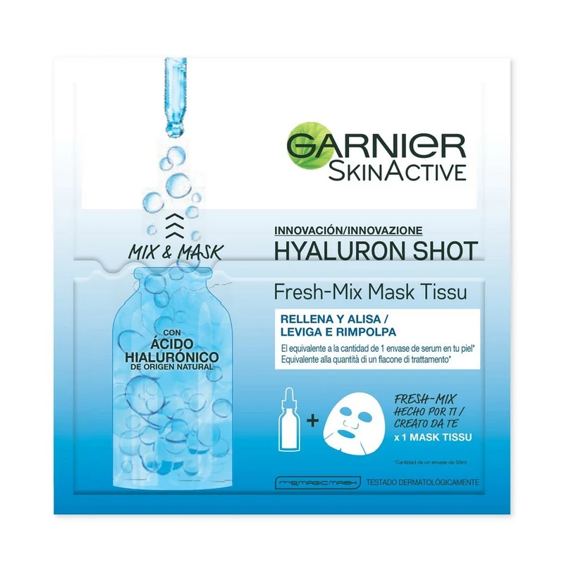 SkinActive Hyaluron Shot Maschera Viso in Tessuto Levigante e Rimpolpante Fresh Mix con Acido Ialuronico 33gr