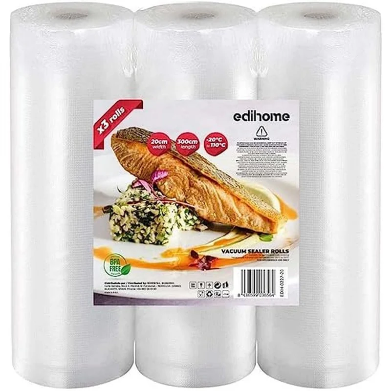 Edihome, Sacchetti Sottovuoto Alimenti, 20x300cm, 3 Rotoli, Buste, senza BPA, non riutilizzabili, Sous Vide, Sigillo del Cibo, Sacchi, Plastica (20x300cm)