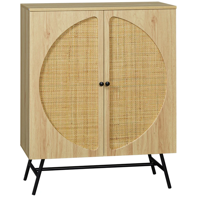 Easycomfort Credenza in Stile Boho con 2 Ante in Legno e Rattan, 80x39x101.8cm Naturale