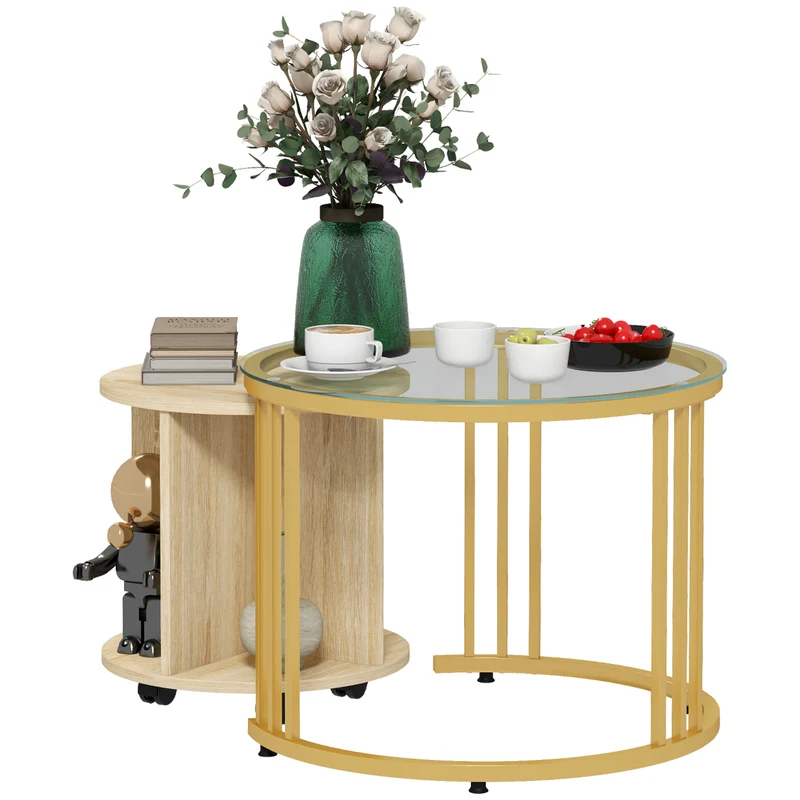Easycomfort Set 2 Tavolini da Salotto Rotondi con Design Impilabile, 4 Ripiani Inferiori e 4 Ruote, Oro e Rovere