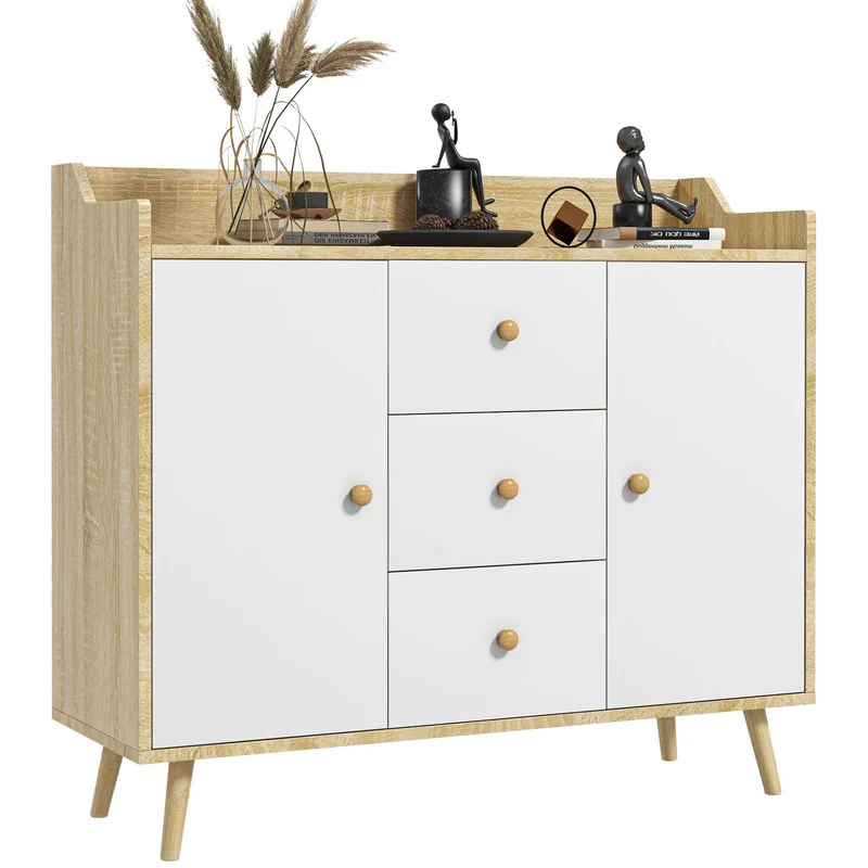 Easycomfort Credenza Moderna in Truciolato e Legno di Pino con 3 Cassetti e 2 Armadietti a 2 Livelli, 90x32x80A cm