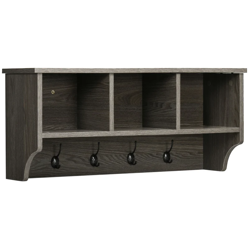 Easycomfort Appendiabiti a Muro Stile Rustico con 4 Ganci e Vani in Legno e Metallo, 80x24x35.5cm, Grigio