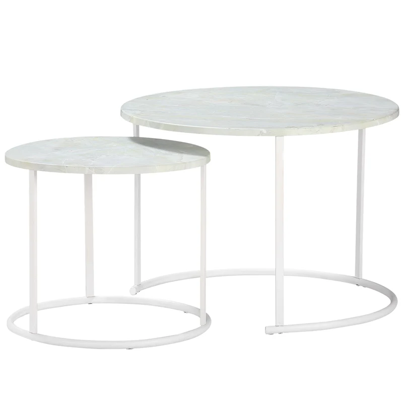 Easycomfort Tavolini da Salotto, Set 2 Pezzi con Piano Effetto Marmo in Metallo, Bianco