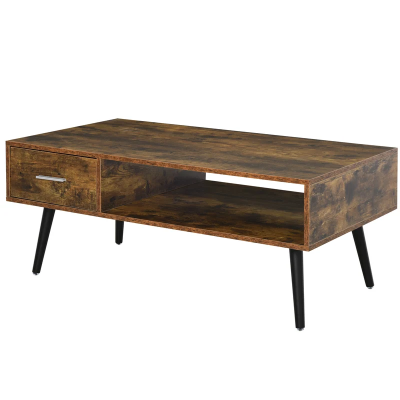 Easycomfort Tavolino da Caffè per Soggiorno in Stile Industriale, Tavolino da Salotto Moderno con 1 Cassetto e 1 Ripiano, 110x55x45cm, Nero e Color Legno