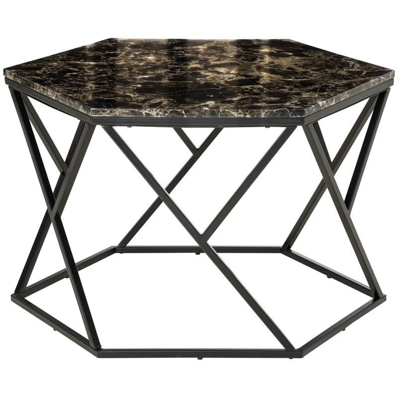 Easycomfort Tavolino da Salotto Moderno con Piano Effetto Marmo e Struttura in MDF e Acciaio, 81x70x51.2 cm, Nero