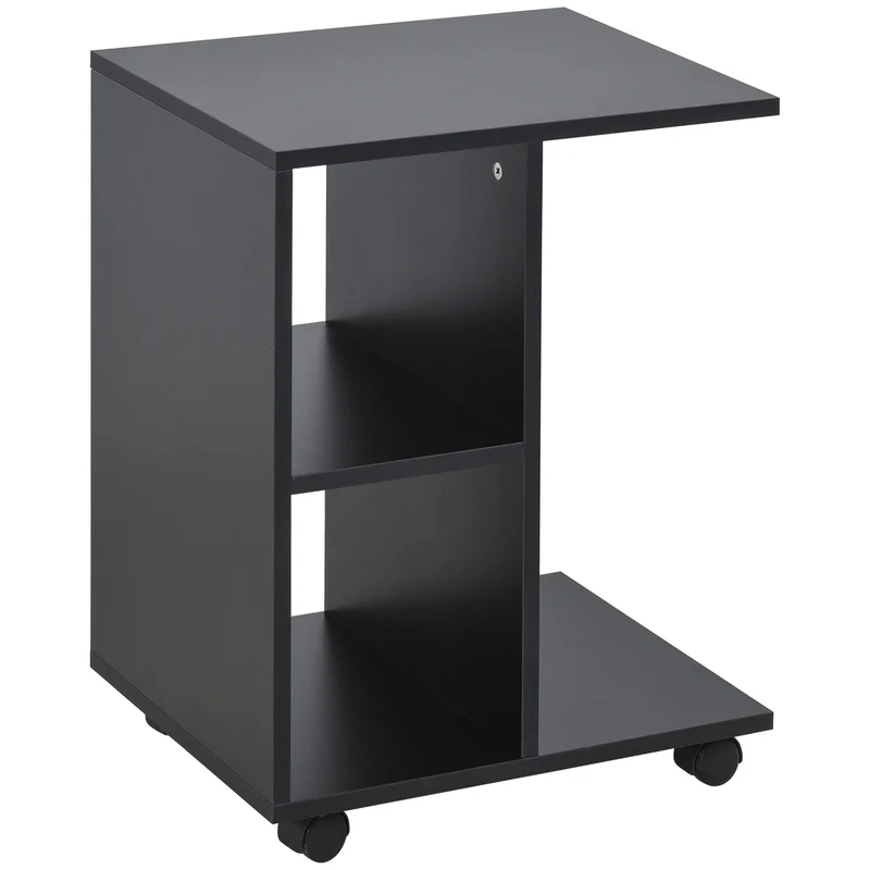 Easycomfort Tavolino da Salotto a C con 2 Ripiani Aperti e 4 Ruote Girevoli, 45x35x58 cm, Nero